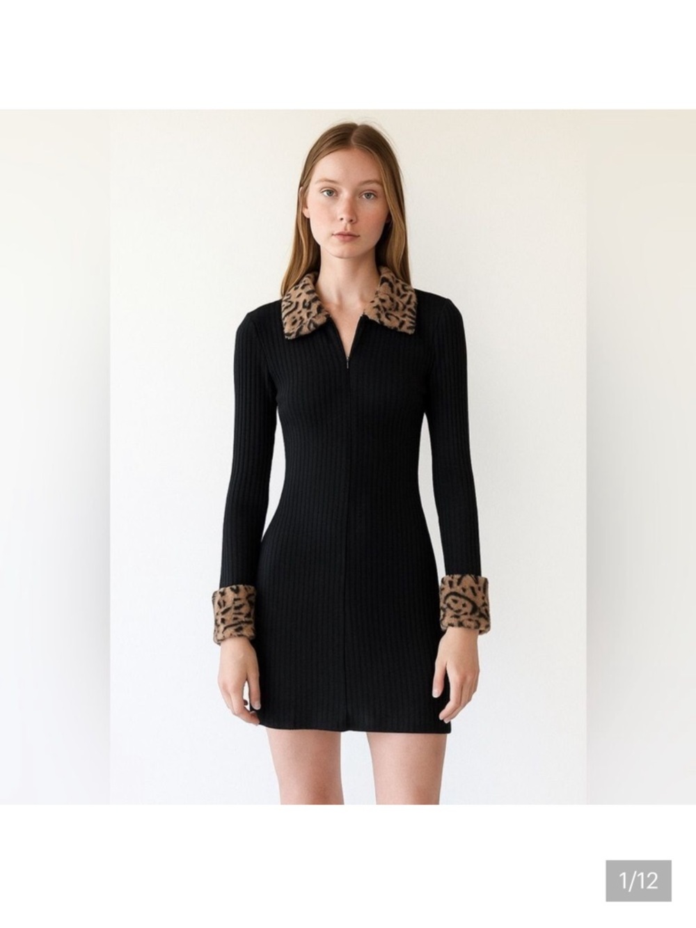Commense Black A Line Dress Short Ribbed Animal Print Trim SZ S NEW